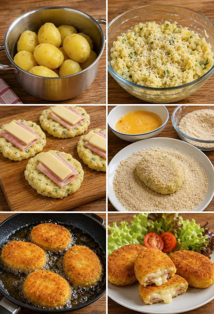 Kartoffel-Cordon-Bleu mit Käse und Schinken auf einem Teller angerichtet