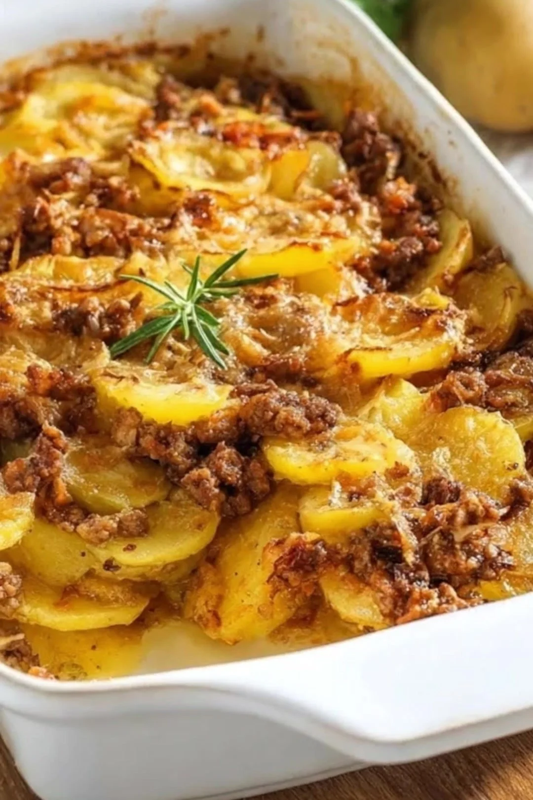 Kartoffelauflauf mit Hackfleisch auf einem Teller serviert