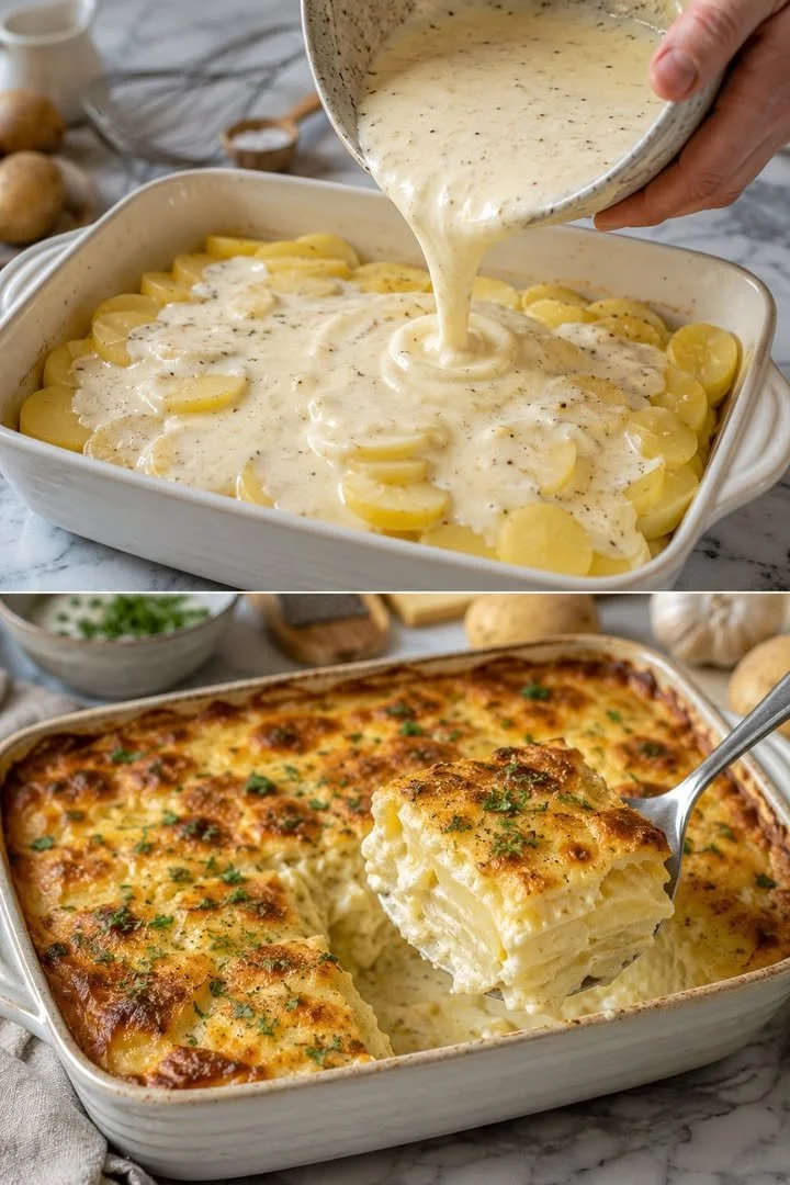 Leckeres Kartoffelgratin aus frischen Zutaten, perfekt für ein festliches Essen.