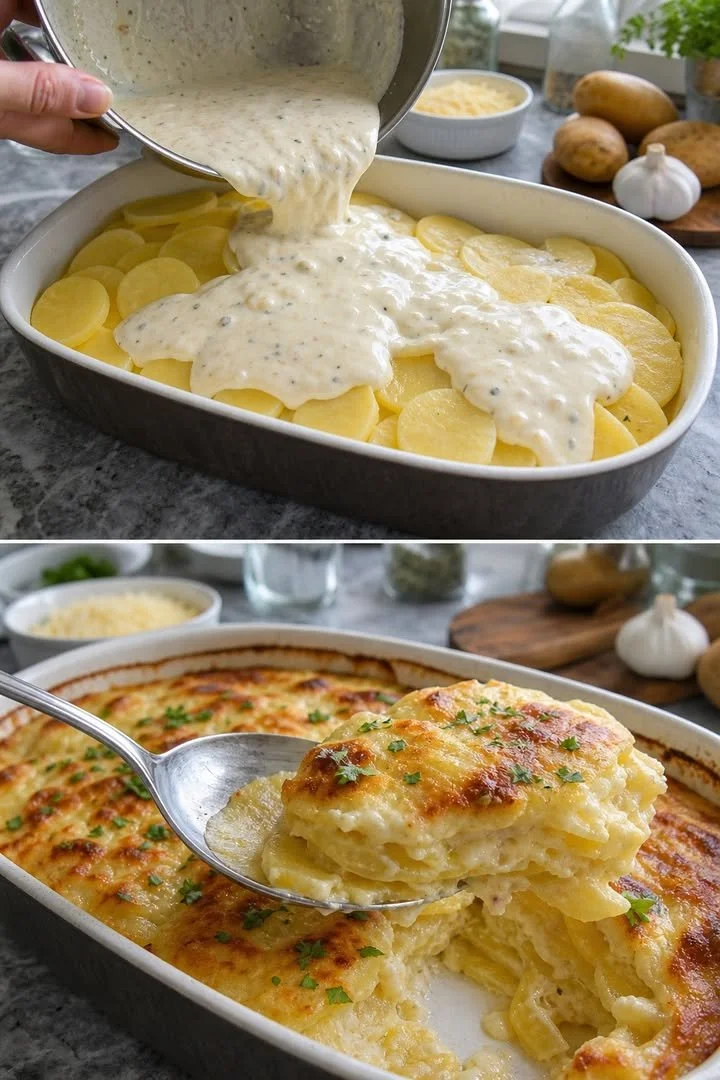 Leckeres Kartoffelgratin aus frisch geschichteten Kartoffeln und Käse.