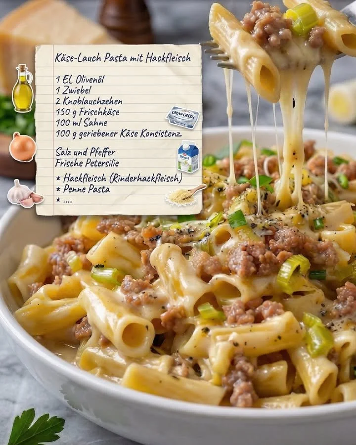 Käse Lauch Pasta mit Hackfleisch in einer servierfertigen Schüssel
