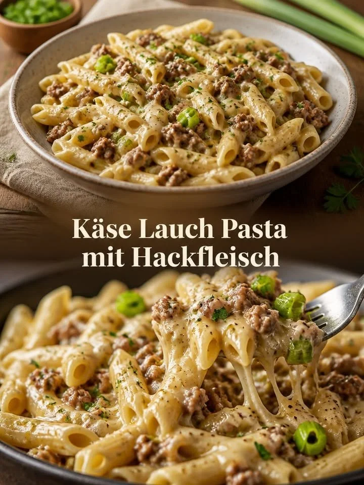 Käse Lauch Pasta mit Hackfleisch auf einem Teller serviert