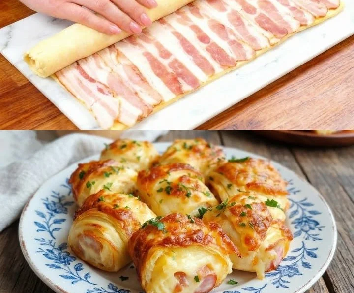 Leckere Käse-Speck-Röllchen auf einem Teller