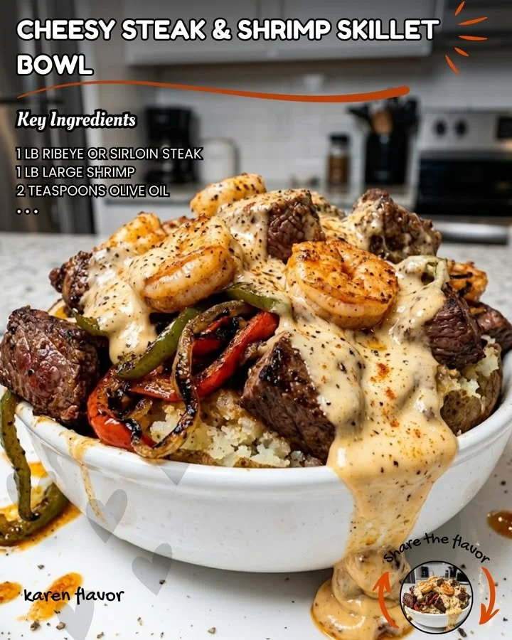 Käse Steak und Garnelen Pfannen-Bowl auf einem Teller angerichtet