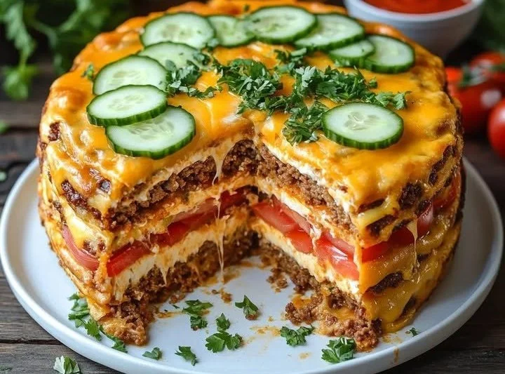 Käseburger-Torte mit buntem Dekor auf einem Holzbrett