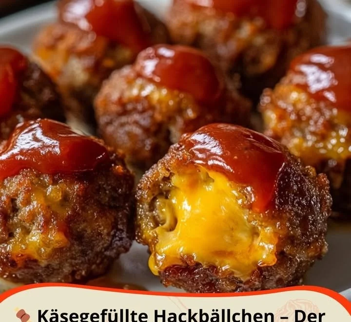 Käsegefüllte Hackbällchen auf einem Teller serviert, garniert mit Kräutern