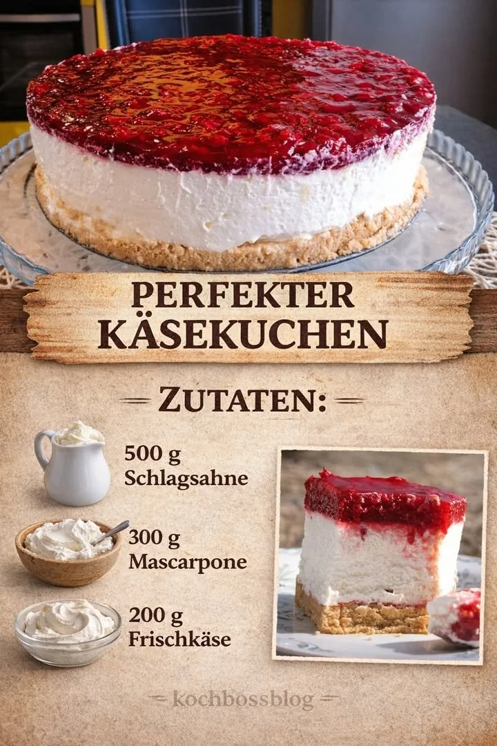 Leckerer Käsekuchen ohne Gelatine auf einem Holztablett
