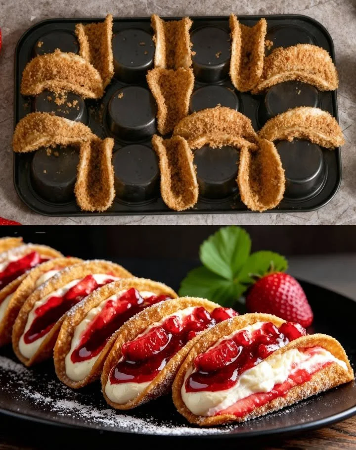 Käsekuchen-Tacos auf einem Teller, dekoriert mit frischen Beeren.
