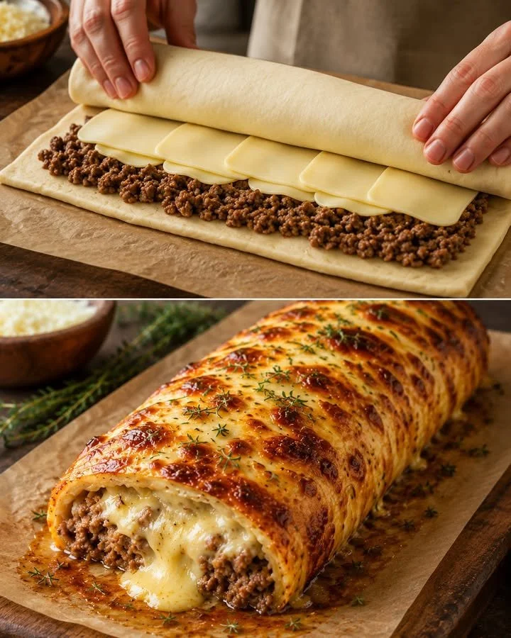 Leckere Käserolle serviert auf einem Holzbrett mit frischem Brot