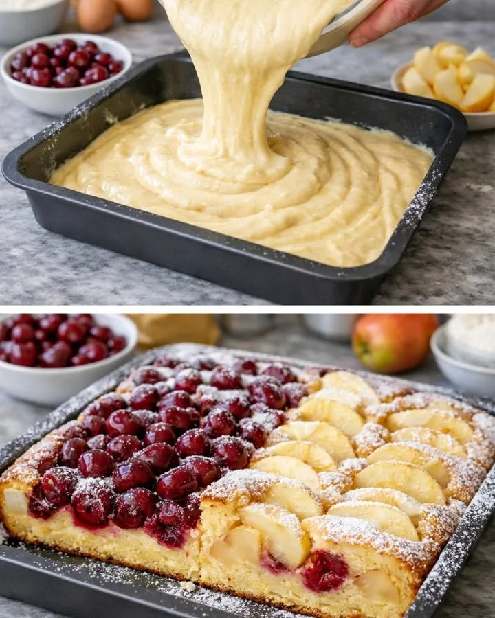Kirsch-Apfelkuchen mit frischen Kirschen und Äpfeln, serviert auf einem Teller