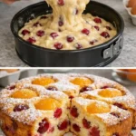 Saftiger Kirsch-Aprikosen-Kuchen auf einem Teller, dekoriert mit frischen Früchten.