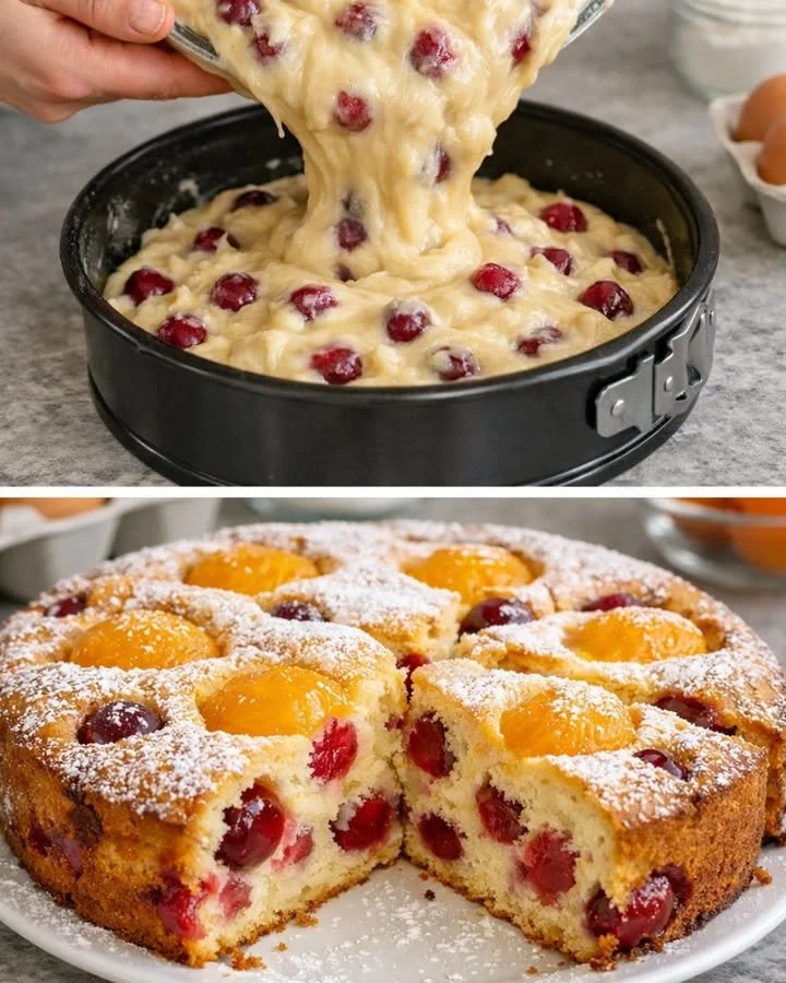 Saftiger Kirsch-Aprikosen-Kuchen auf einem Teller, dekoriert mit frischen Früchten.
