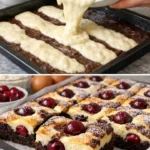Saftiger Kirsch-Betten-Kuchen auf einem Teller serviert