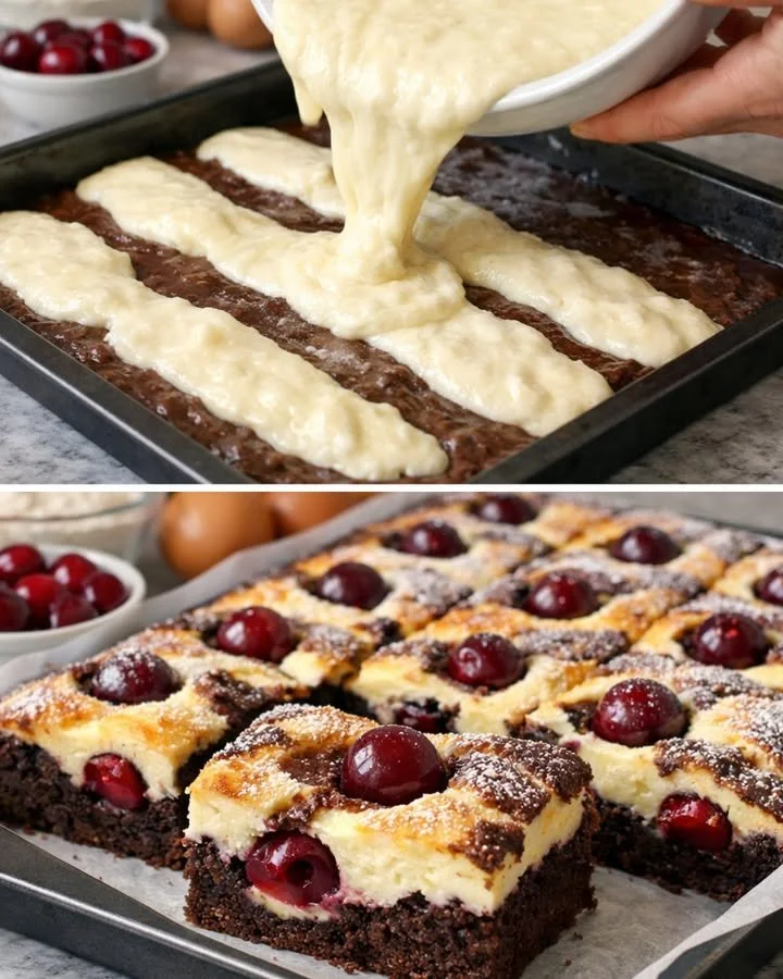 Saftiger Kirsch-Betten-Kuchen auf einem Teller serviert