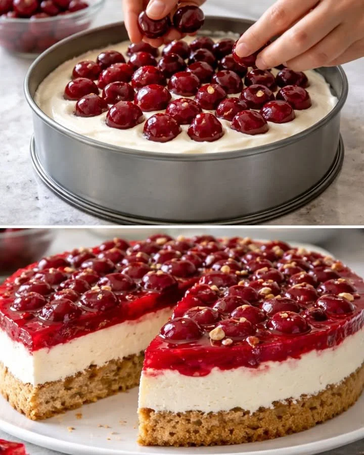 Kirsch Frischkäse Kuchen mit frischen Kirschen und sahniger Frischkäsefüllung
