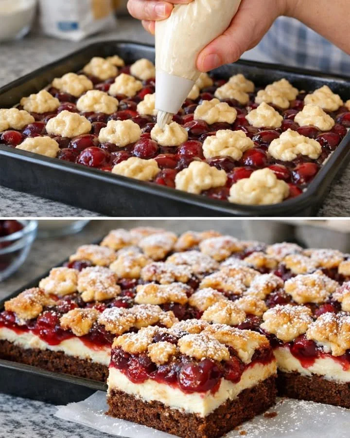 Köstliche Kirsch-Quark-Schnitten auf einem weißen Teller serviert