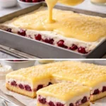 Kirsch-Schmand-Kuchen mit Eierlikörguss auf einem Teller serviert