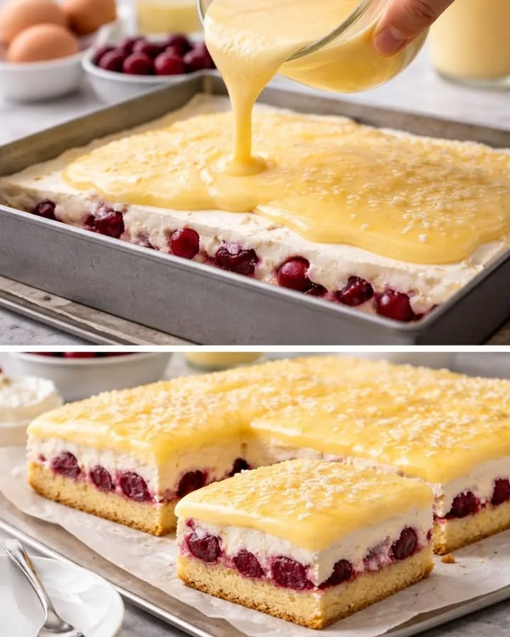 Kirsch-Schmand-Kuchen mit Eierlikörguss auf einem Teller serviert