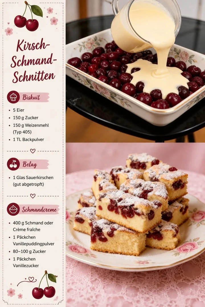 Leckere Kirsch-Schmand-Schnitte mit verführerischer Kirschfüllung und Sahne
