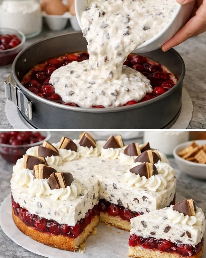 Köstlicher Kirsch Schokokuss-Kuchen mit Schokoladenguss und Kirschen