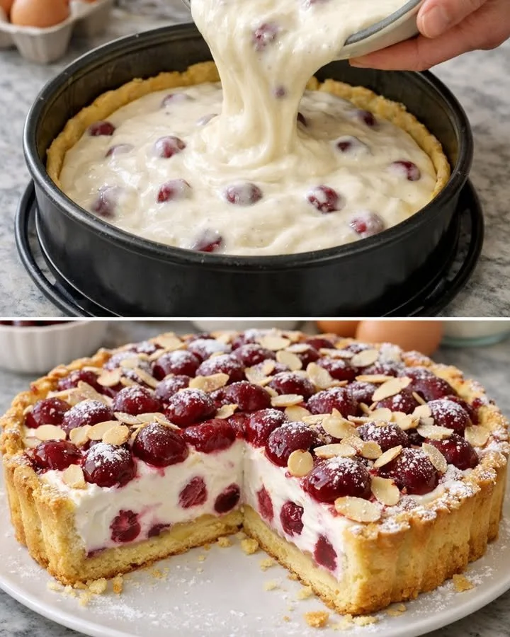 Kirschkuchen mit Joghurt auf einem Teller serviert