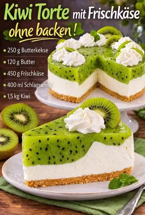 Kiwi Torte mit Frischkäse ohne Backen, fruchtiger Dessertgenuss