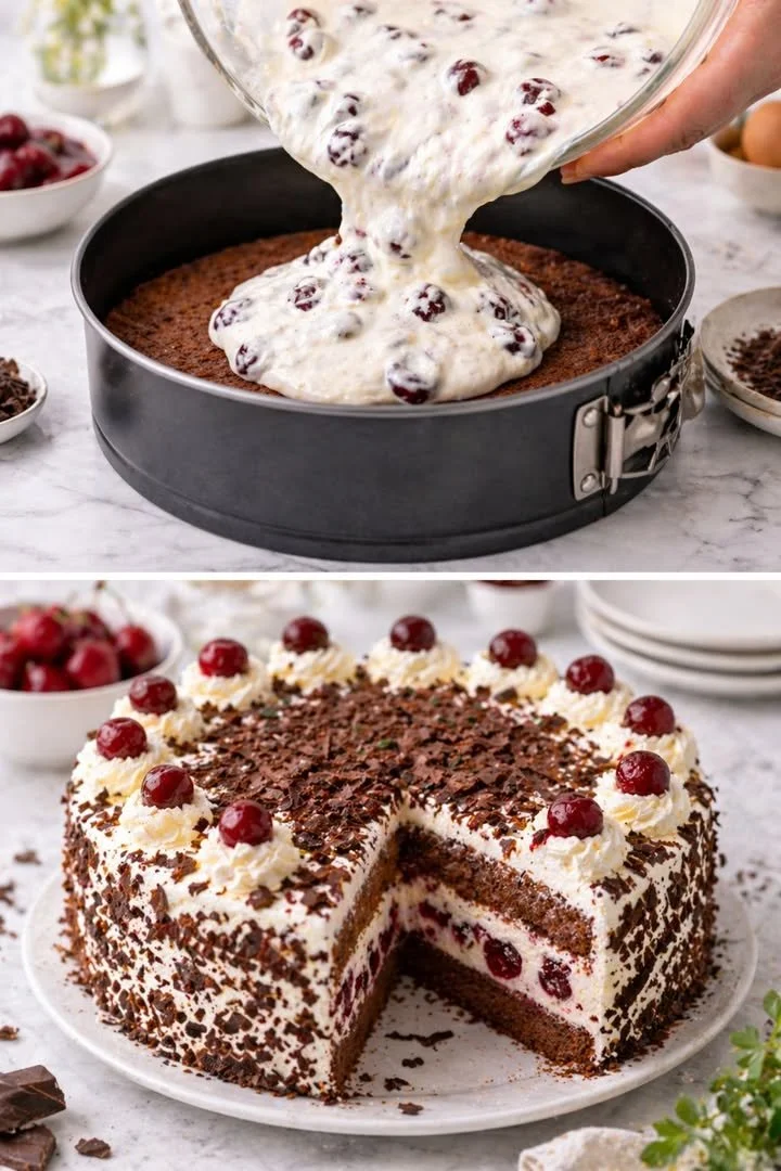 Klassische Schwarzwälder Kirschtorte mit Schokolade und Kirschen