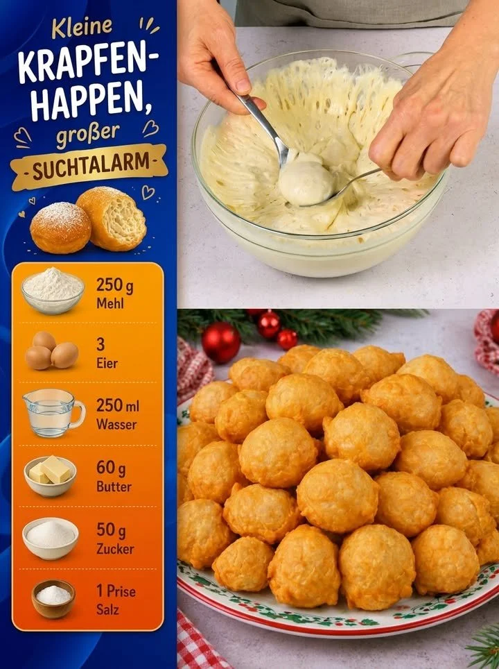 Kleine Krapfenhappen auf einem Teller, perfekt für Feiern und Snacks.