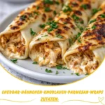 Knusprige Cheddar-Hühnchen-Wraps mit Knoblauch-Parmesan auf einem Teller