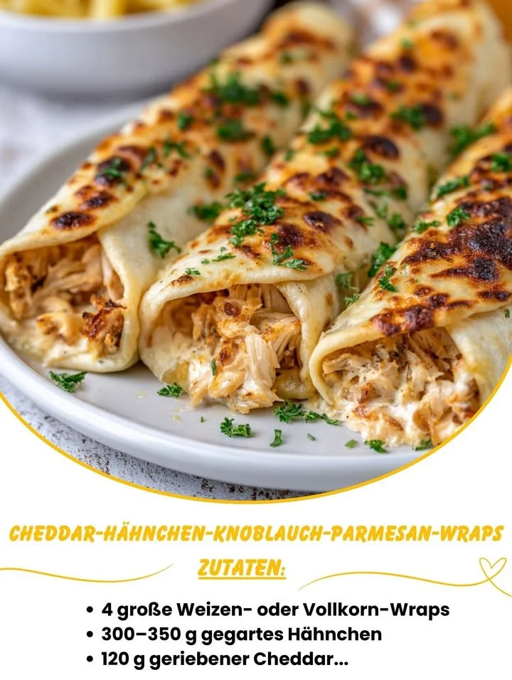 Knusprige Cheddar-Hühnchen-Wraps mit Knoblauch-Parmesan auf einem Teller