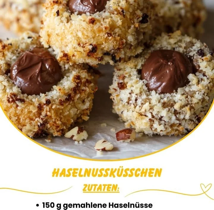 Knusprige Haselnussküsschen mit Nuss-Nougat-Füllung auf einem Teller