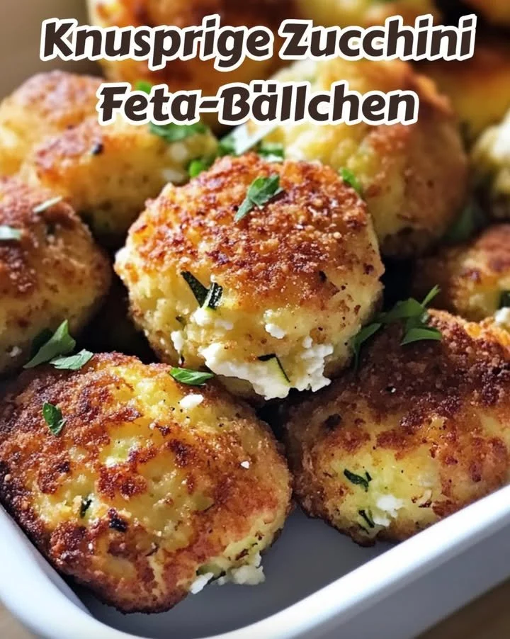 Knusprige Zucchini-Feta-Bällchen auf einem Teller serviert
