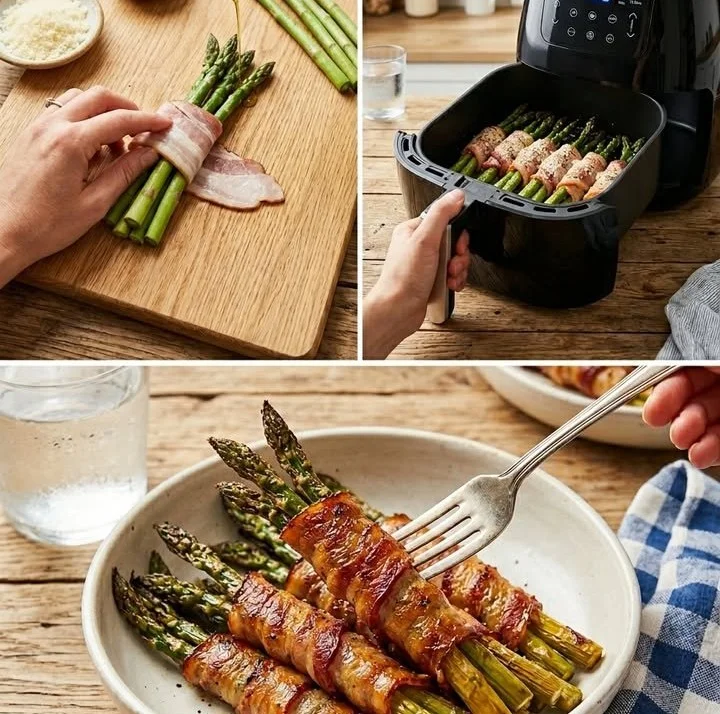 Knuspriger Spargel im Speckmantel aus dem Airfryer auf einem Teller serviert
