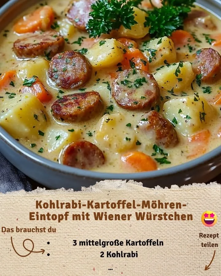 Kohlrabi-Kartoffel-Möhren-Eintopf mit Wiener Würstchen auf einem Teller
