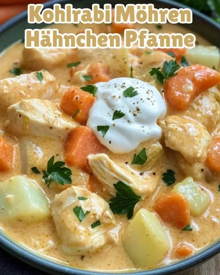 Kohlrabi-Hähnchen-Pfanne mit Möhren auf einem Teller angerichtet