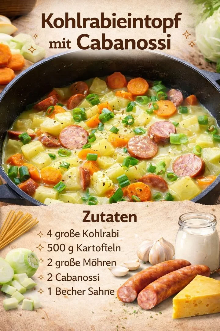 Kohlrabieintopf mit Cabanossi, serviert in einer Schüssel