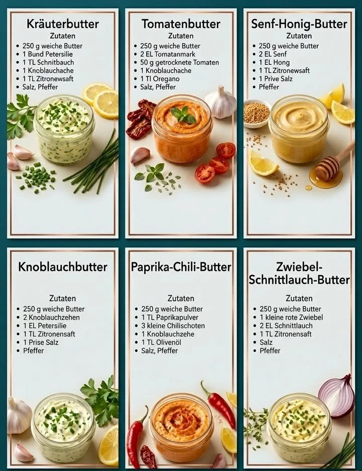 Verschiedene köstliche Butter-Aufstriche auf einem Tisch