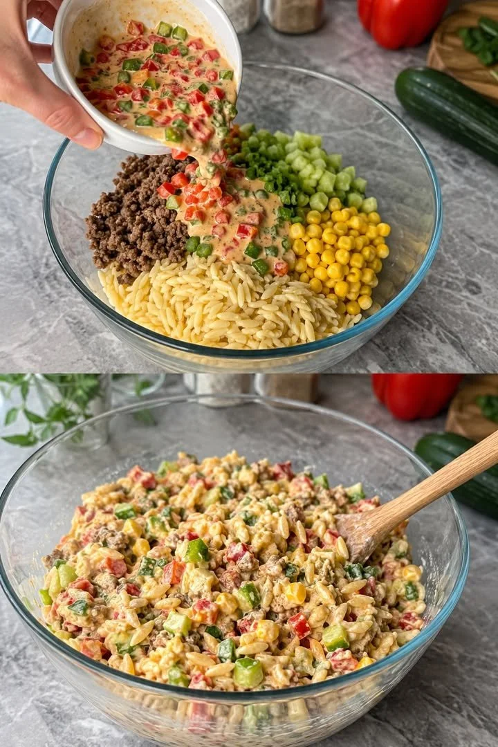 Kritharaki-Hackfleisch-Salat serviert in einer Schüssel