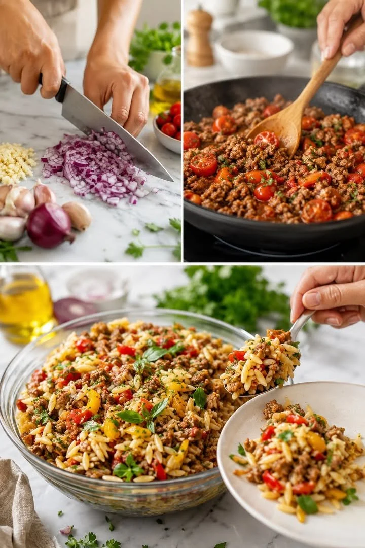 Kritharaki-Hackfleisch-Salat mit frischem Gemüse und Gewürzen