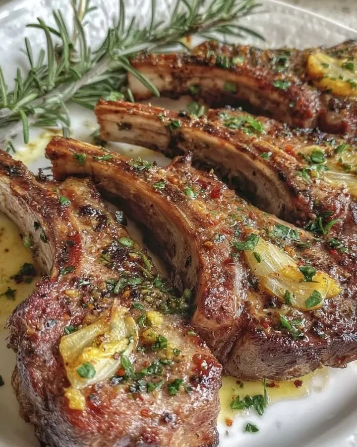 Lammkoteletts mit Knoblauch und Rosmarin auf einem Holzbrett angerichtet