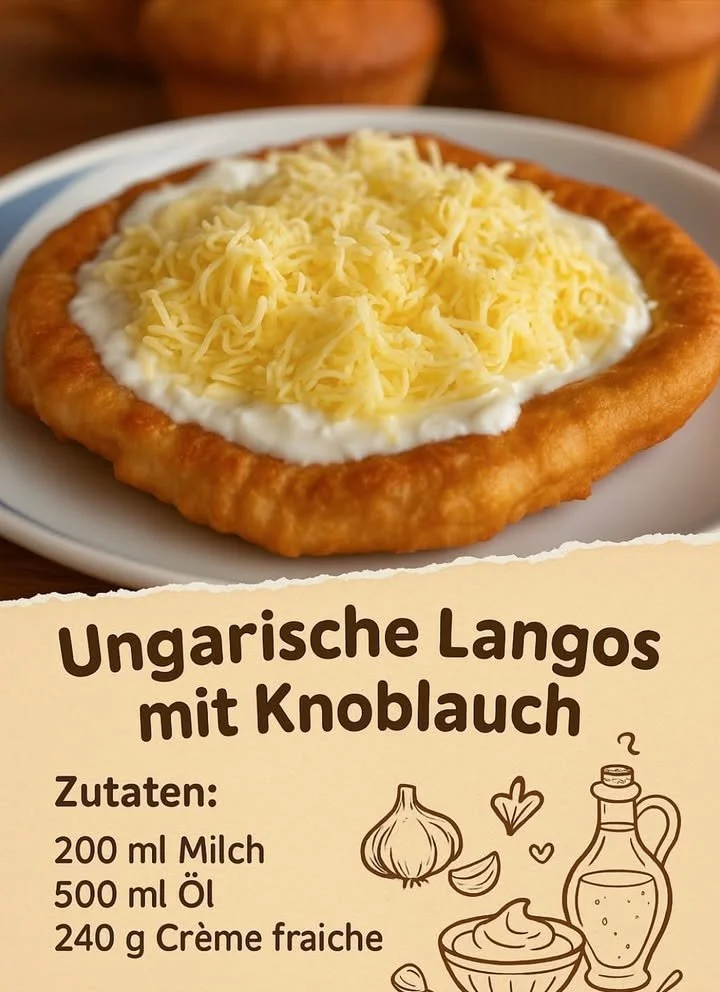 Langos mit Knoblauch und Crème fraîche auf einem Teller