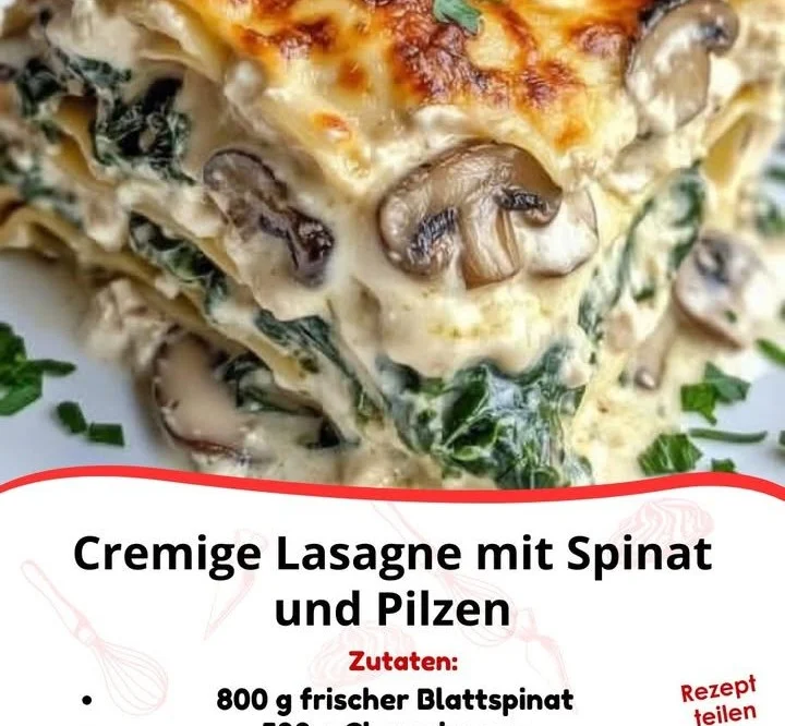 Lasagne mit cremigem Spinat und Champignons auf einem Teller