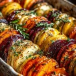 Süßkartoffel Kürbis Möhren Auflauf mit Cranberry Honig Drizzle