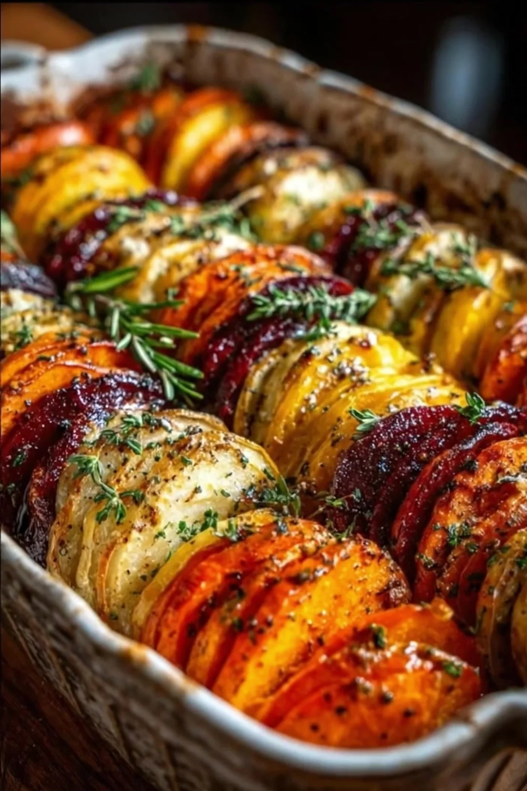 Süßkartoffel Kürbis Möhren Auflauf mit Cranberry Honig Drizzle
