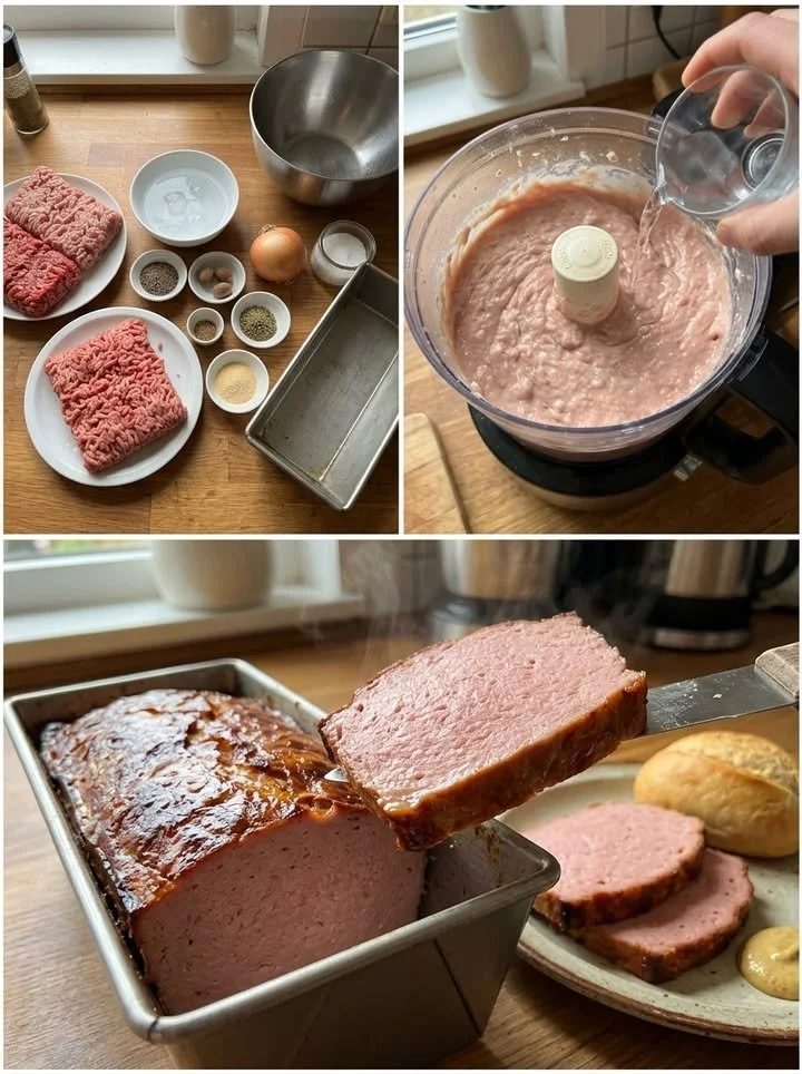 Leberkäse in Scheiben auf einem Holzbrett angerichtet