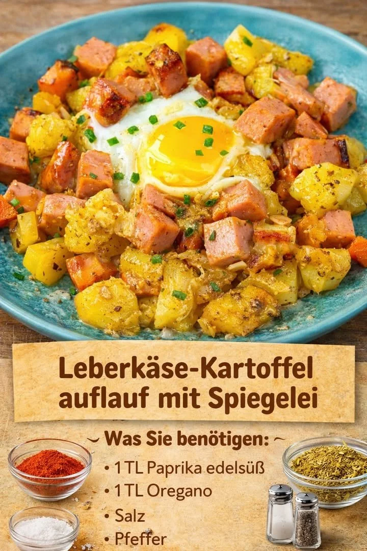 Leberkäse-Kartoffelauflauf mit Spiegelei auf einem Teller serviert