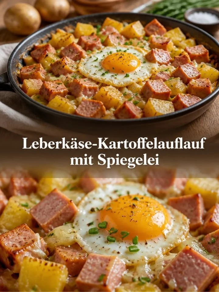 Leberkäse-Kartoffelauflauf mit Spiegelei auf einem Teller angerichtet