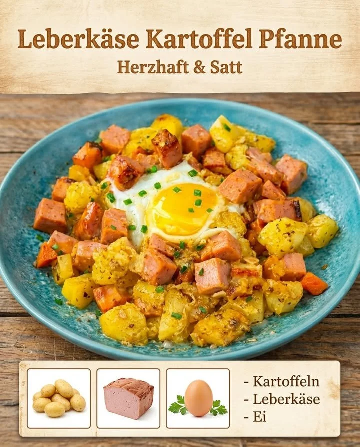 Leberkäse mit Kartoffeln und Ei auf einem Teller serviert