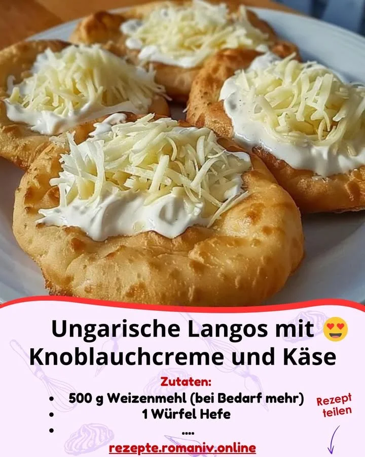 Leckere Langos mit Knoblauchcreme und Käse auf einem Teller