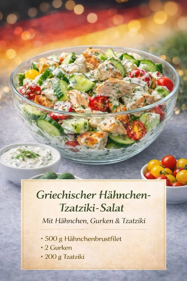 Leichter Hähnchen-Salat mit Tzatziki auf einem Teller angerichtet